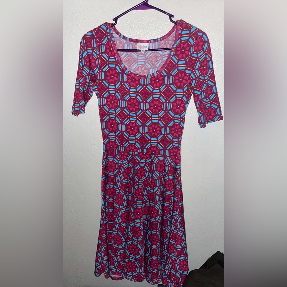 LuLaRoe Asymmetrical Dress in Pink and Blue Geometric Pattern